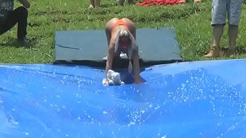 Sexy hot girl sliding water park caught