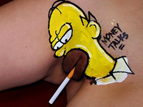 Woman with homer simpson tattoo on her pussy